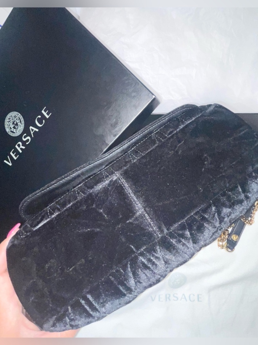 Versace Black Quilted Velvet Shoulder Bag with Gold V and Gold Hardware Chain - Picture 15 of 17